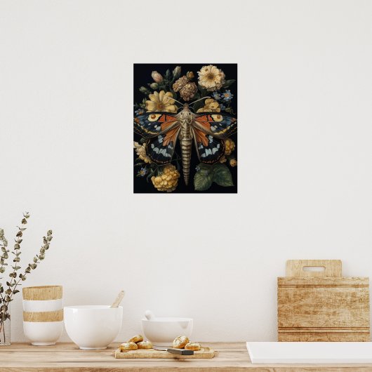 Gotische mot en bloemen Art Print Poster (Keuken)