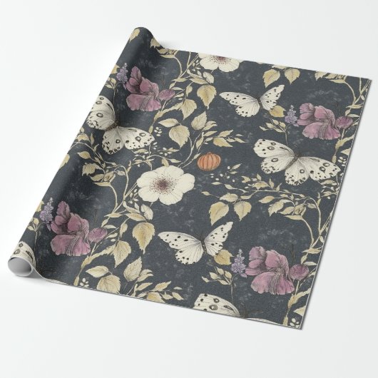  gotische mot en donkere bloem grijs en ivoor cadeaupapier (Uitgerold)