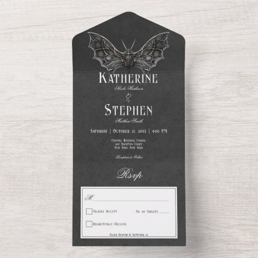 Gotische Moth Moody Zwart & Wit Geen Diner All In One Uitnodiging (Binnen)