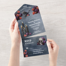 Gotische mystieke humeurige bloemenbruiloft all in one uitnodiging