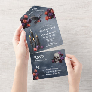 Gotische mystieke humeurige bloemenbruiloft all in one uitnodiging