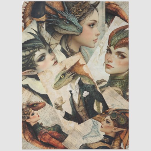 Gotische Mythologische Nymph Fantasy Dragon Collag Tissuepapier (Voorkant)