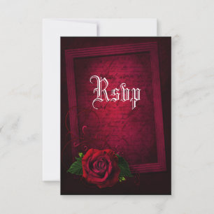 Gotische omkaderde letter & rode roos RSVP kaartje