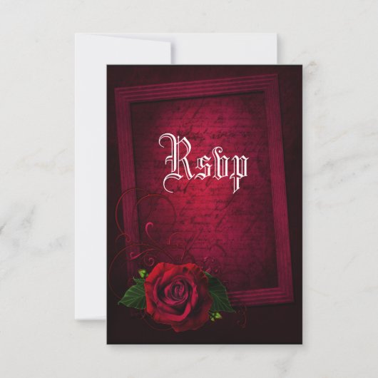 Gotische omkaderde letter & rode roos RSVP kaartje (Voorkant)