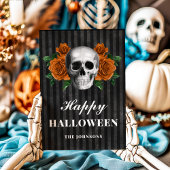 Gotische Oranje Bloemenschedel Happy Halloween Kaart
