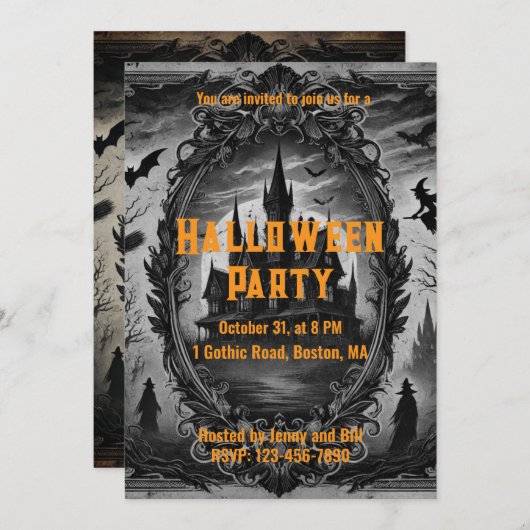 Gotische oude  spookhuis Halloween Party Kaart (Voorkant / Achterkant)