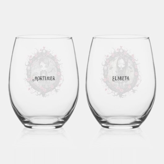 Gotische paar schedels en Rozen Wijnglas Zonder Voet (Achterkant)