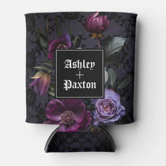 Gotische Paarse Bloemen Boeket op Kant met Ravens Blikjeskoeler (Voorkant)