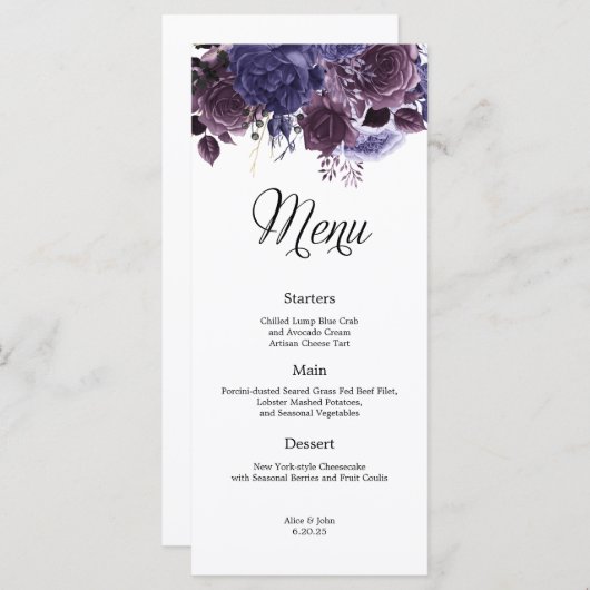 Gotische Paarse Bloemen Bruiloft Menu (Voorkant / Achterkant)