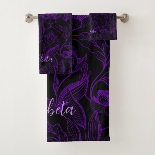 Gotische paarse bloemen op zwart bad handdoek (Insitu)