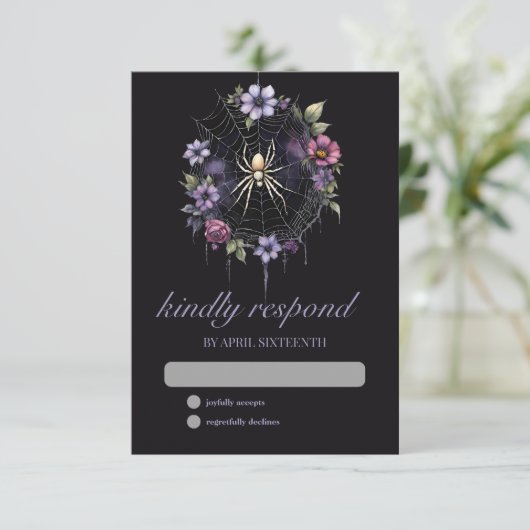 Gotische Paarse Bloemen Spider Web Handfasting RSVP Kaartje (Staand voorkant)