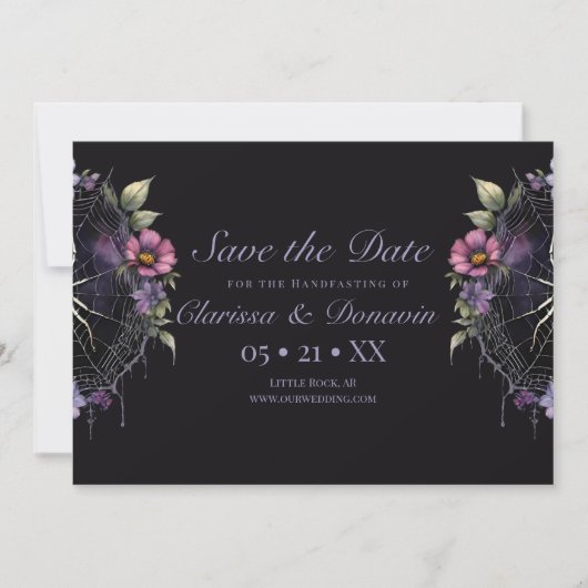 Gotische Paarse Bloemen Spider Web Handfasting Save The Date (Voorkant)