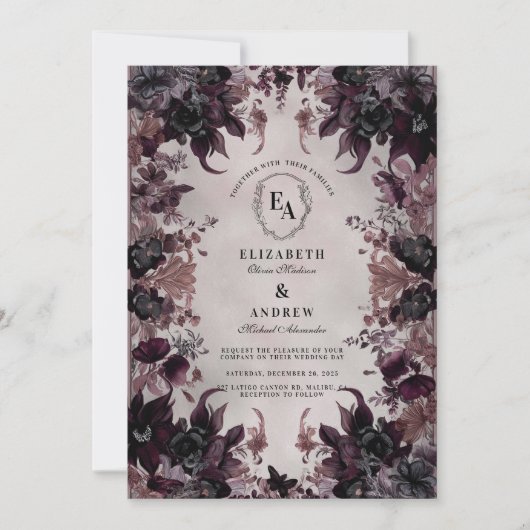 Gotische Paarse Bloom Wedding Kaart (Voorkant)