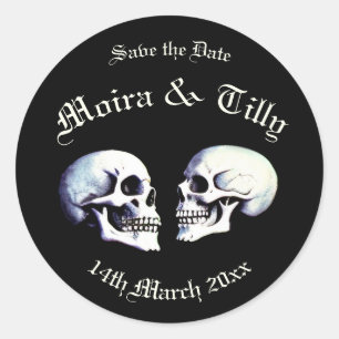 Gotische Paarse Dansende Skeletten Save the Date Ronde Sticker