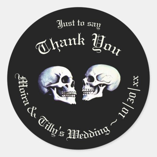 Gotische Paarse Dansende Skeletten Trouwgunst Ronde Sticker (Voorkant)