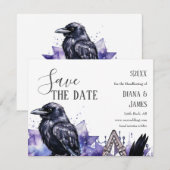 Gotische paarse diamant & zwarte veer Handfasting Save The Date (Voorkant / Achterkant)