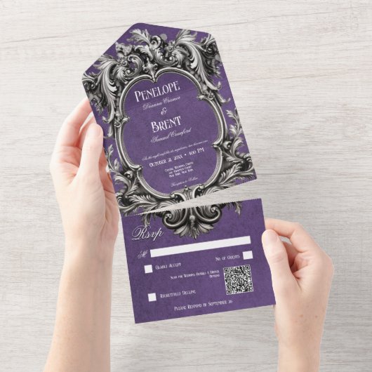 Gotische Paarse Moody Victoriaans Lijst QR-code All In One Uitnodiging (Afscheurbaar)