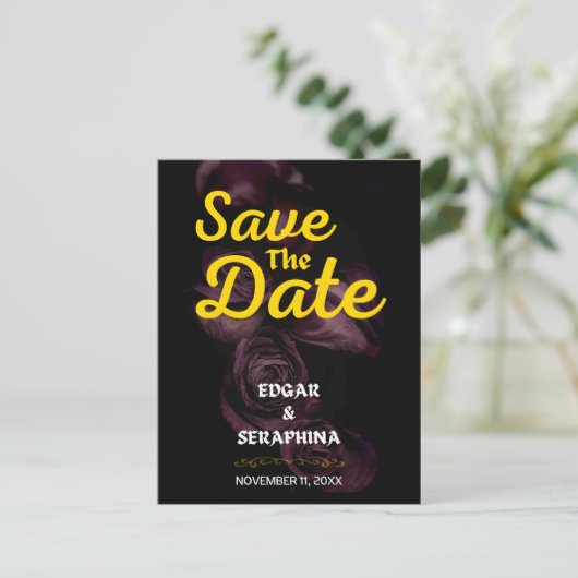 Gotische Paarse Roos Zwart en Goud Save the Date Briefkaart (Staand voorkant)