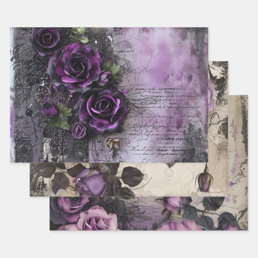 Gotische Paarse Rozen Decoupage Inpakpapier Vel (Set)
