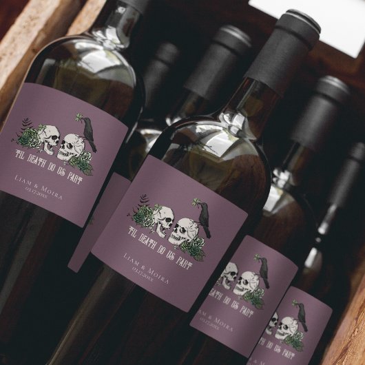 Gotische Paarse Til Death Irish Green Floral Skull Wijn Etiket