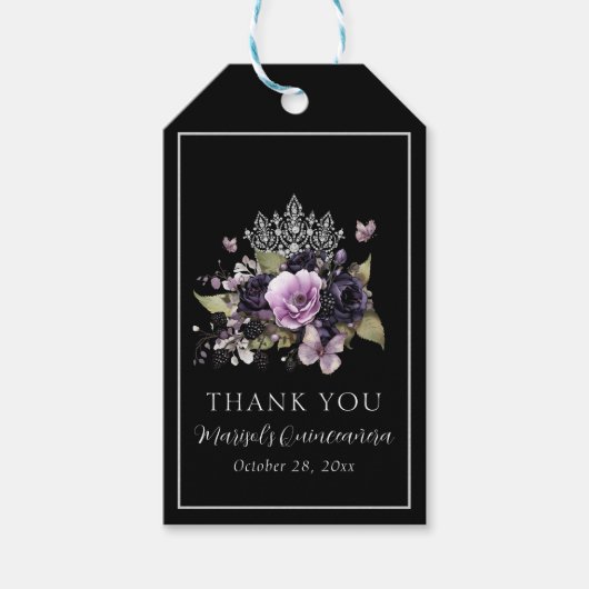 Gotische Paarse & zwarte Moody Bloemen Quinceañera Cadeaulabel (Voorkant)