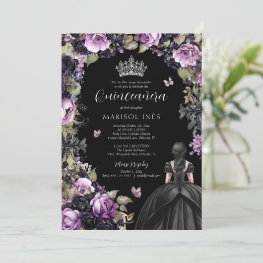 Gotische Paarse & zwarte Moody Bloemen Quinceañera Kaart (Staand voorkant)