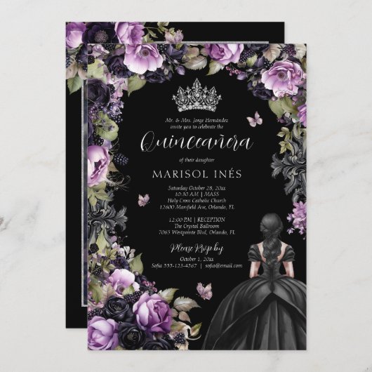 Gotische Paarse & zwarte Moody Bloemen Quinceañera Kaart (Voorkant / Achterkant)