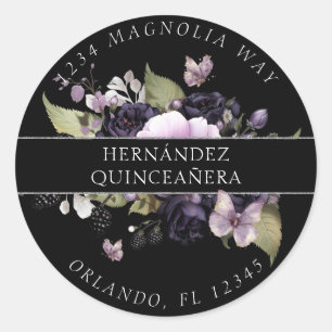 Gotische Paarse & zwarte Moody Bloemen Quinceañera Ronde Sticker