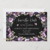 Gotische Paarse & zwarte Moody Bloemen Quinceañera Save The Date (Voorkant)