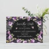 Gotische Paarse & zwarte Moody Bloemen Quinceañera Save The Date (Staand voorkant)