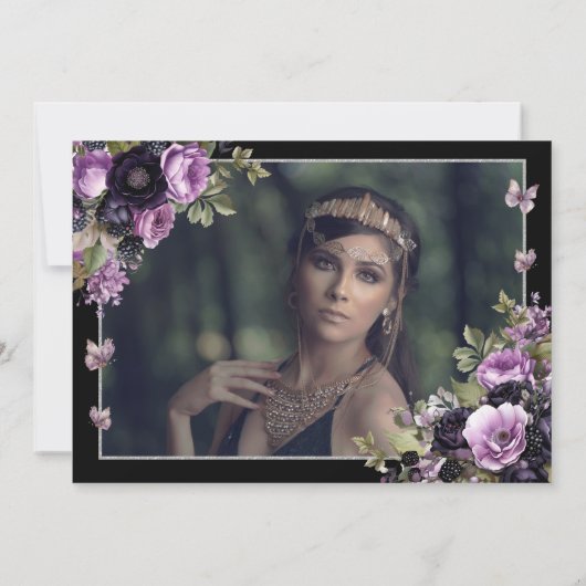 Gotische Paarse & zwarte Moody Bloemen Quinceañera Save The Date (Achterkant)