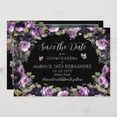 Gotische Paarse & zwarte Moody Bloemen Quinceañera Save The Date (Voorkant / Achterkant)