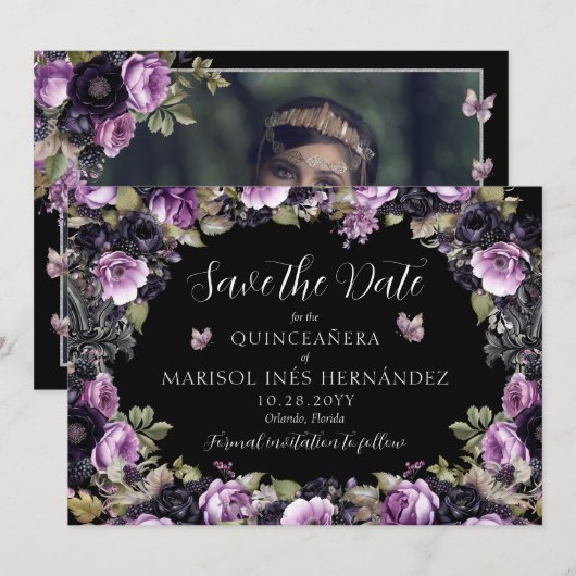 Gotische Paarse & zwarte Moody Bloemen Quinceañera Save The Date (Voorkant / Achterkant)