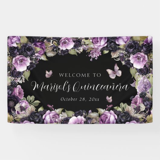 Gotische Paarse & zwarte Moody Bloemen Quinceañera Spandoek (Horizontaal)