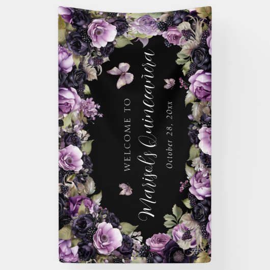 Gotische Paarse & zwarte Moody Bloemen Quinceañera Spandoek (Verticaal)