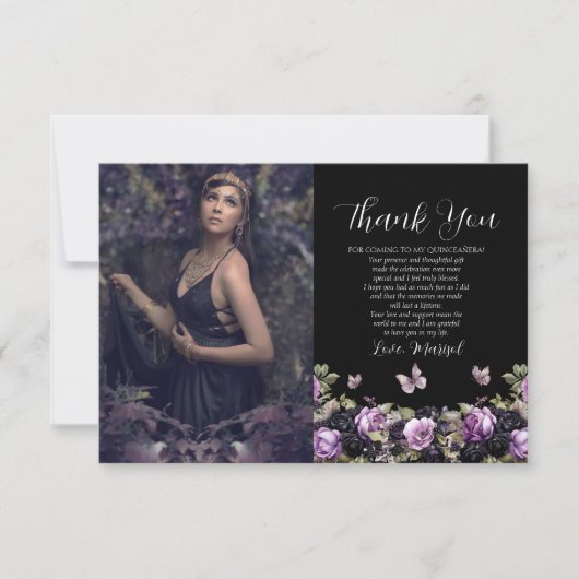 Gotische Paarse & zwarte Moody Quinceañera Bedankkaart (Voorkant)