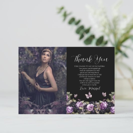 Gotische Paarse & zwarte Moody Quinceañera Bedankkaart (Staand voorkant)