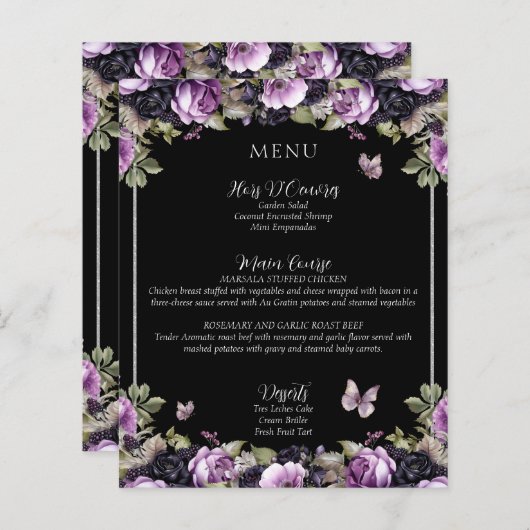 Gotische Paarse & zwarte Moody Quinceañera Menu (Voorkant / Achterkant)