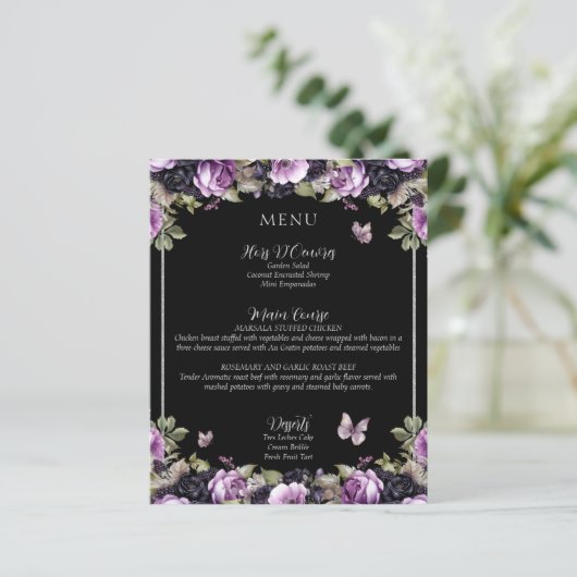 Gotische Paarse & zwarte Moody Quinceañera Menu (Staand voorkant)