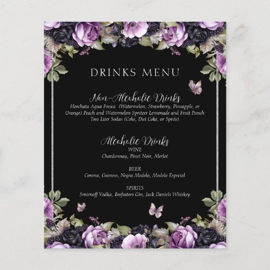 Gotische Paarse & zwarte Moody Quinceañera Menu (Achterkant)