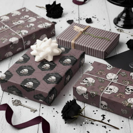 Gotische Plum Paarse schedels en strepen Halloween Inpakpapier Vel
