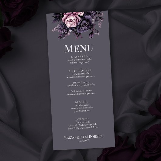 Gotische pruimen bloemige trouwmenu menu