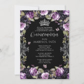 Gotische Quinceañera in Paars en Zwart met Bloemen Kaart (Voorkant)