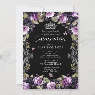 Gotische Quinceañera in Paars en Zwart met Bloemen Kaart