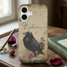 Gotische Raaf en Vintage Bloemschrift iPhone 16 Hoesje