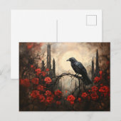 Gotische raaf met donkerrode rozen briefkaart (Voorkant / Achterkant)