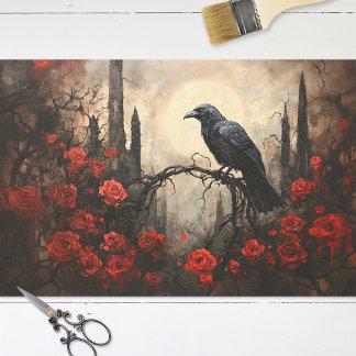Gotische raaf met donkerrode rozen decoupage tissuepapier