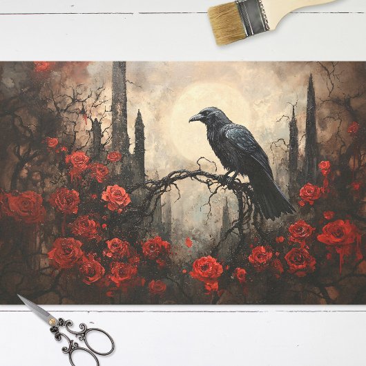 Gotische raaf met donkerrode rozen decoupage tissuepapier