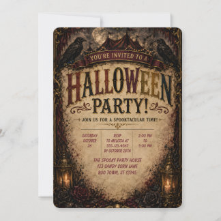 🕯️🦇 Gotische Raven Halloween-feestuitnodiging 🎃 Kaart
