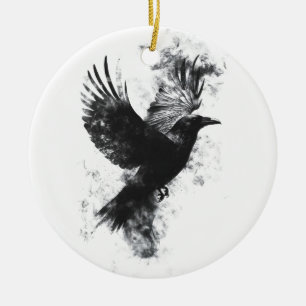 Gotische Raven Illustratie: Rook en Veren Keramisch Ornament